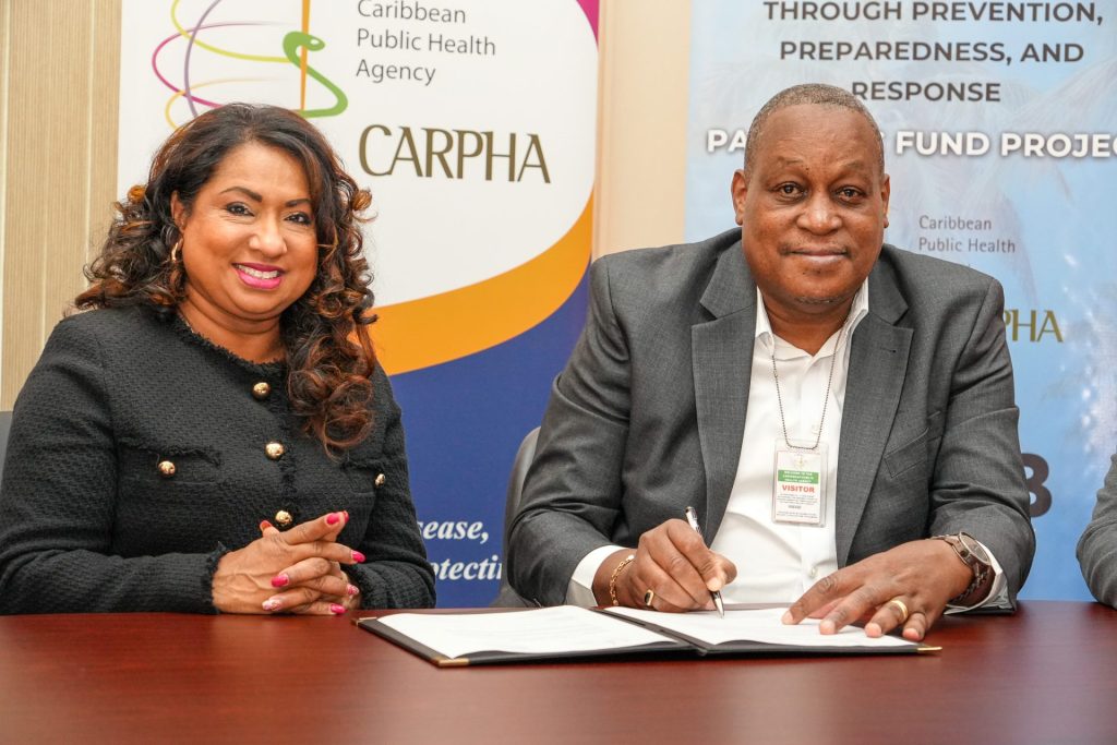 Dr. Lisa Indar, Executive Director, CARPHA signed the International Cargo Rate Agreement with Mr. Brian Broomes, Head of Sales, Caribbean Airlines Limited at the CARPHA Headquarters, in St. Clair, Trinidad.