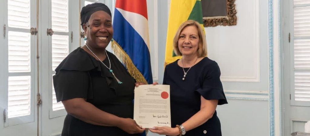 H.E. Ambassador Angella Jackson, Ambassador of St. Vincent and the Grenadines to the Republic of Cuba, left, presents a copy of her letter of credence to Cuba’s Vice Minister of Foreign Affairs, Josefina Vidal Ferreiro, in Havana, Cuba, on May 12th, 2026.